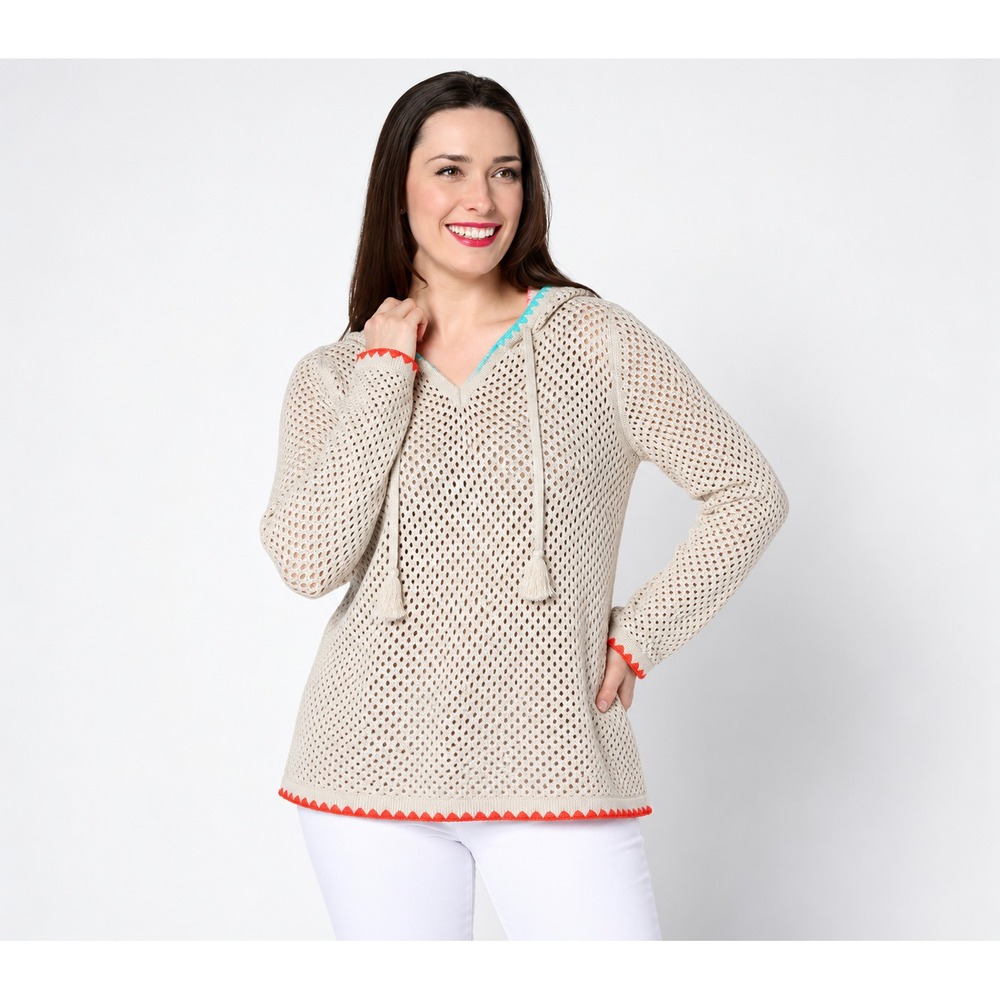 Belle Beach by Kim Gravel 100% Cotton Open Stitch Hoodie w/ Trim Sand Bar, 1X